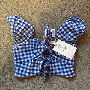 NWT Urban Outfitters Blue Gingham Puff Sleeve Tie-Front Crop Top Women’s Small